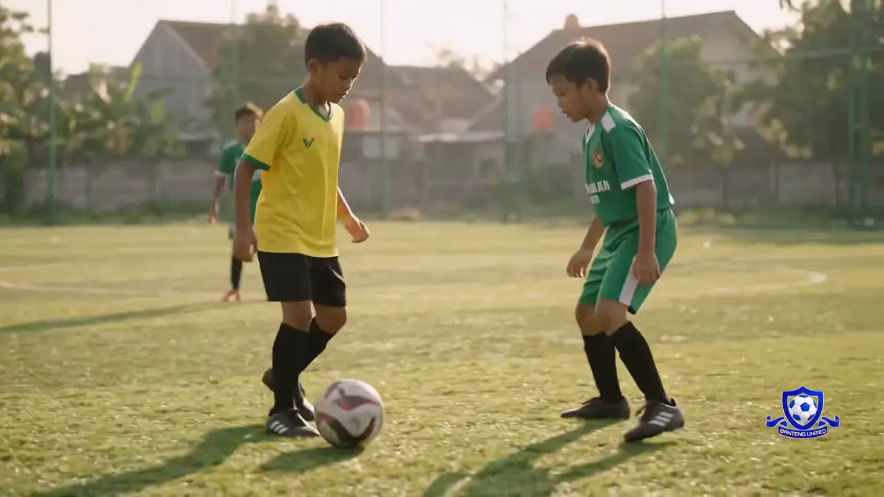 Pemain berseragam kuning menggiring bola berhadapan dengan lawan