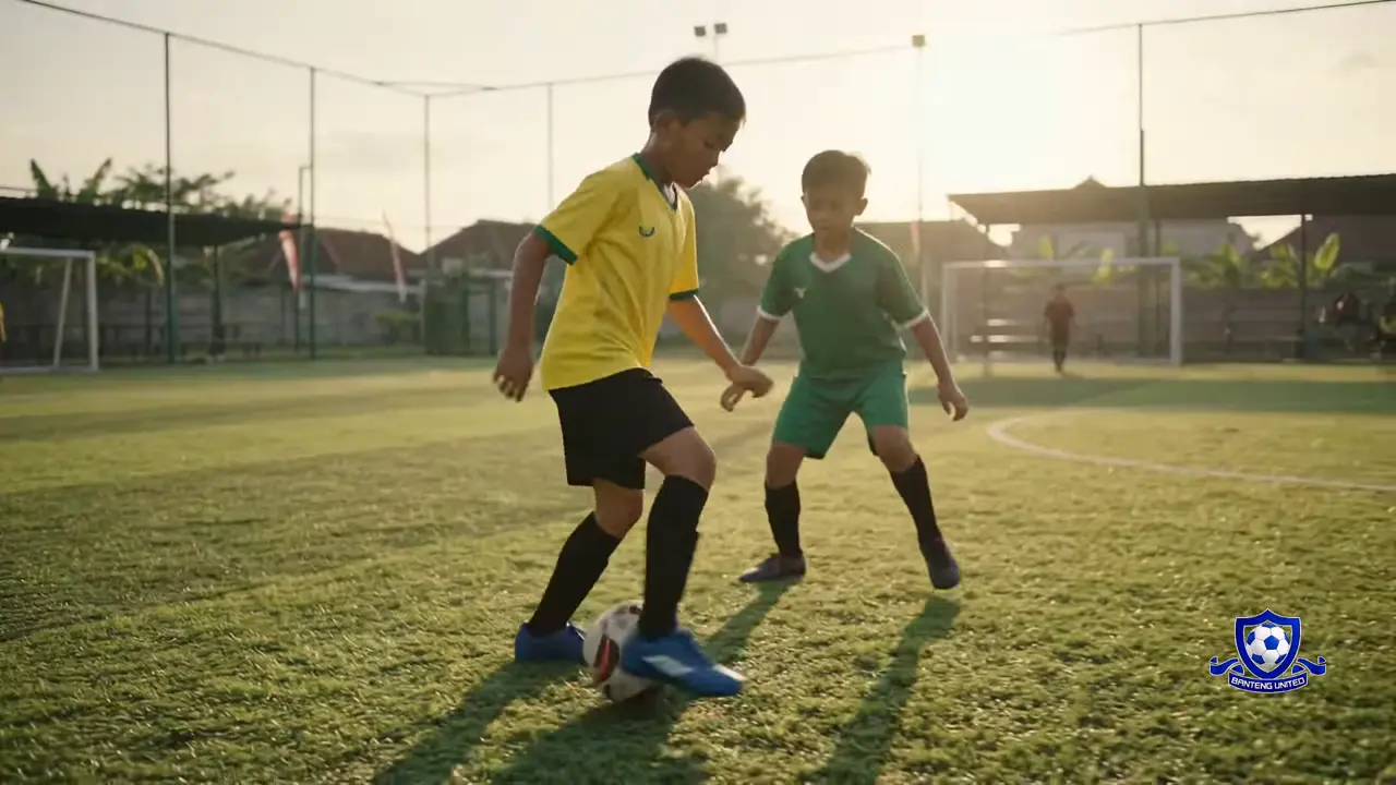 Pemain muda menggiring bola menuju gawang